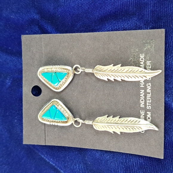 Vintage Native American Turquoise Sterling Silver Feather Earrings Signed - Picture 14 of 15